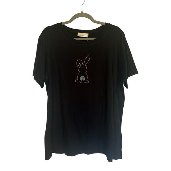 Rhinestone Pink Easter Bunny T-Shirt Short Sleeve Black Tee NEW Sparkly! - Picture 2 of 4